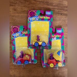 Vintage 1993 Barney Dinosaur Fire Truck Taxi & Mixer Die Cast Toy Car Lyons